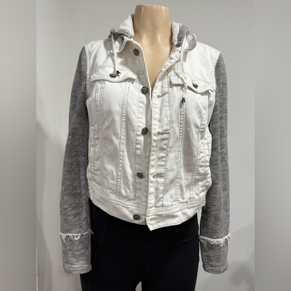 Free People White and Gray Hooded Distressed Jean Jacket Size Small - Picture 1 of 13